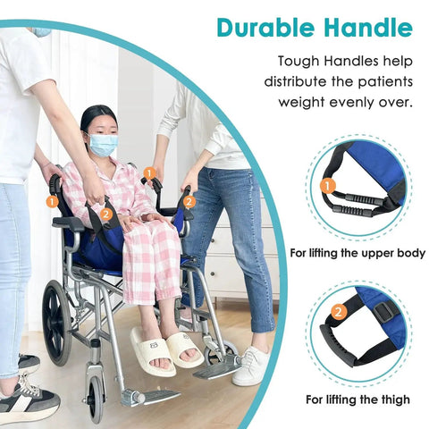 Blue four-handle patient lift transfer belt to assist lifting an elderly patient to a wheelchair (front view).
