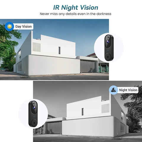 Wireless WiFi Video Doorbell With Two Way Audio, AI Motion Detection, Night Vision, Cloud Storage, And 2.4G WiFi Only day and night view