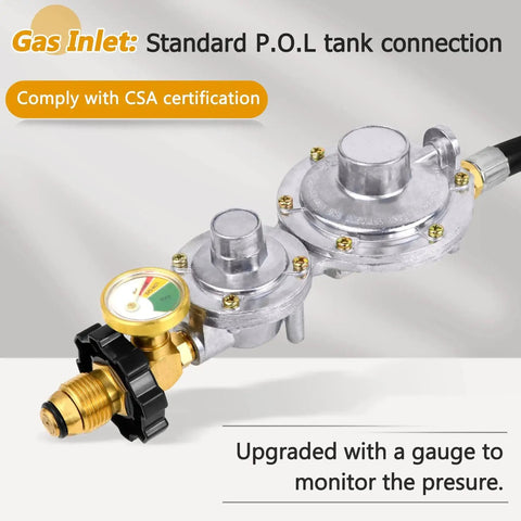 Two Stage Propane Regulator With Five Foot Hose And Gauge POL Tank Connection Three Eighths Inch Female Flare Fitting, CSA Certified