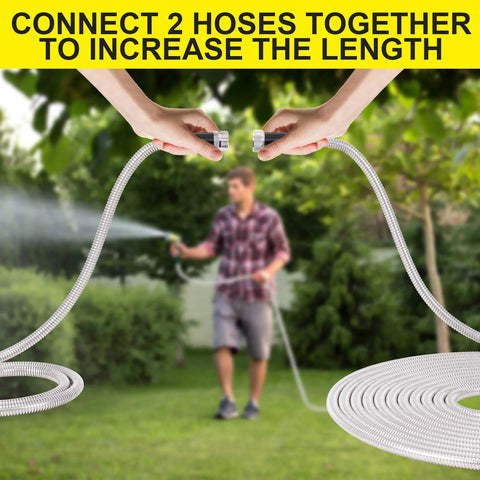 FOXEASE metal water hose, 25 ft stainless steel with two nozzles for lawn and garden use