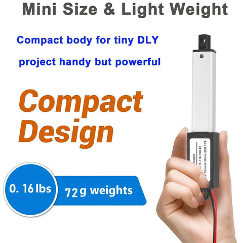 Hand holding Tiny 12V 1.2 Inch Stroke Electric Linear Actuator with 60N Load, highlighting compact size and lightweight aluminum housing.