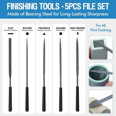 Set of five 3D printer files for finishing including flat, round, triangle, square, and half-round styles made of bearing steel.