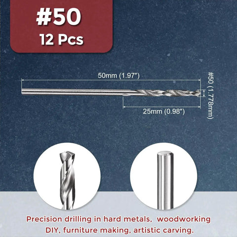 12 Piece Drill Bit Set Size Fifty Diameter 1.78 Mm, 50 Mm Overall Length, 25 Mm Flute, M2 High Speed Steel, 135 Degree Split Point
