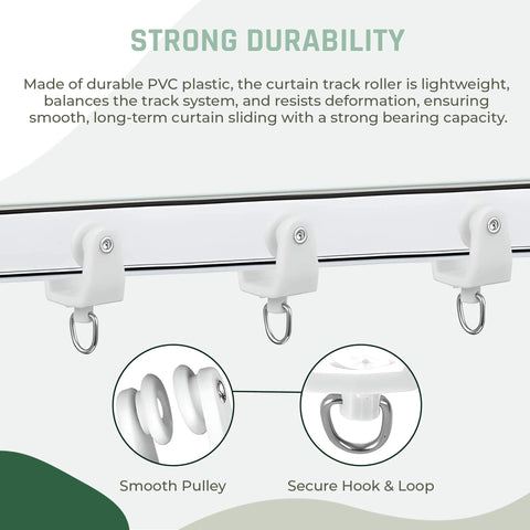 Heavy Duty Ceiling Curtain Track Rollers Pack Of 50 For Smooth Glide with durable PVC plastic carriers shown installed.