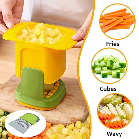 Crinkle Wave French Fry Cutter With Stainless Steel Blade Hand Powered Vegetable Chopper for slicing potatoes, cucumbers, and fruits.