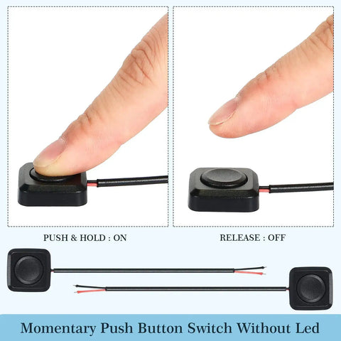Four Pack Momentary Push Button Switches 12V 24V Surface Mount Mini Button, finger pressing, wiring visible, adhesive back