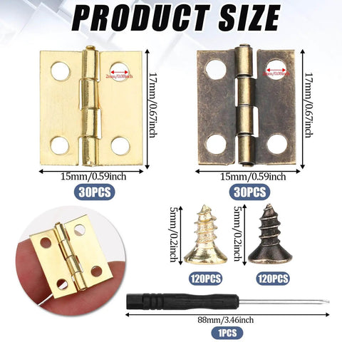 60 Pcs Small Brass Antique Miniature Hinges with screws and screwdriver, size 17x15mm, for dollhouse mini wooden crafts.