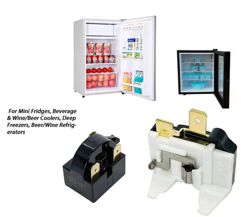 4.7 Ohm 3 Pin PTC Starter Relay And Overload Kit with mini fridges, beverage coolers, and deep freezers displayed