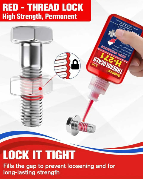 Heavy Duty Red Thread Locker For Nuts Bolts And Metal Fasteners, High Strength Lock Tight Adhesive That Prevents Loosening And Rust, Anaerobic Cure For Quick Bond, Easy 20 Minute Initial Cure, Long Lasting Protection, 50ml H271 bottle being applied to a bolt and nut
