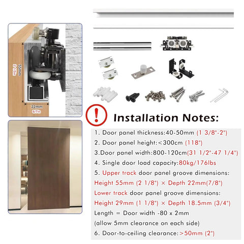 Concealed Sliding Door Hardware Kit with Soft Close Mechanism, Hidden Rails, aluminum alloy, nylon rollers, 110 cm length, components displayed.