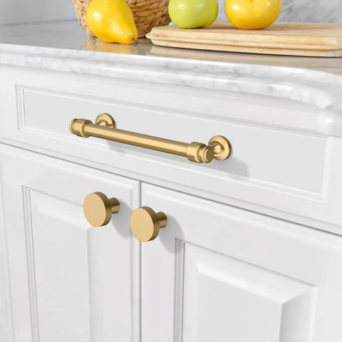 10 Pack 5 Inch Champagne Bronze Cabinet Handles and Pulls for Kitchen Cabinets and Drawers 128mm installed on white cupboard