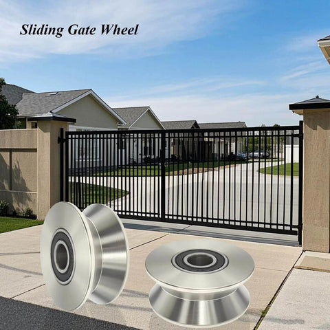 Stainless Steel Sliding Gate Wheel With V Groove Roller for beefy heavy duty gates and garage doors, shown in front of gate.