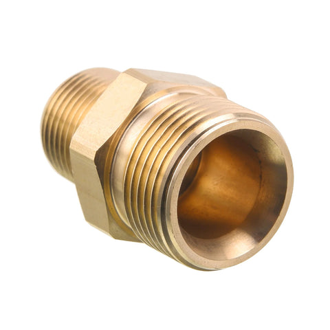 Brass pressure washer adapter with 3/8 in NPT male to M22 14mm male threads, hex body