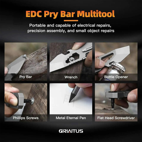 Everyday Carry Pry Bar Multitool with Bi-Directional Ratchet Screwdriver, crowbar, bottle opener, metal pen, and wrenches in use.