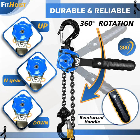 Half Ton Chain Hoist Come Along With Ten Foot Lift G80 Chain With Two Hooks showing 360° rotation and reinforced handle