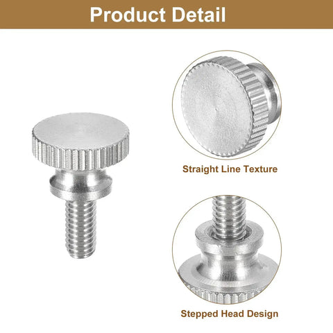 Close-up of M4x8mm Knurled Thumb Screws 5 Pieces Stainless Steel 304 with flat knurled head showing straight line texture and stepped head design.