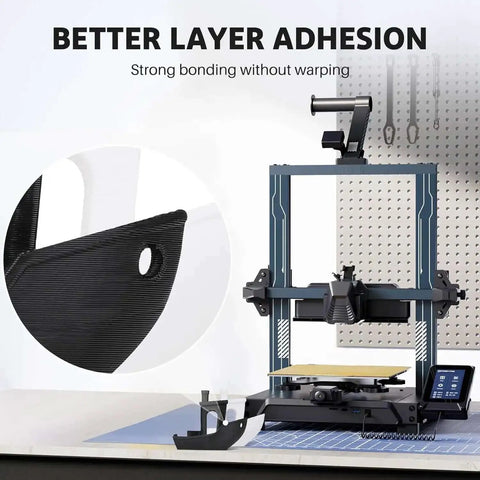 3D printer setup highlighting better layer adhesion with Silk PLA Filament 1.75mm Black Metallic Gloss for 3D Printing on a 1kg Spool.