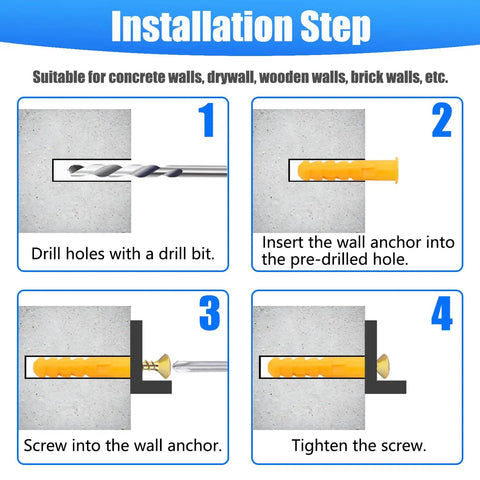 Installation steps for 336 Piece Toggle Bolts Heavy Duty Drywall Anchors And Screws Assortment Kit for shelves and mirrors.