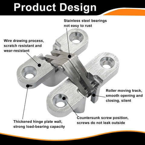 Close-up of 4 Pack Hidden Hinges, 1.77 Inch Stainless Steel Cross Invisible Swing Hinges, highlighting key design features.