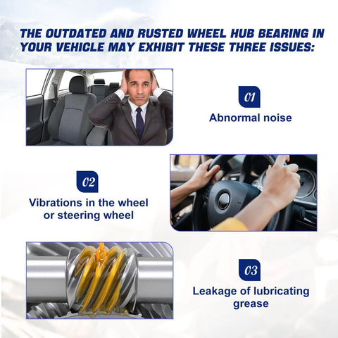 Image showing three issues with outdated wheel hub bearing: abnormal noise, steering wheel vibration, and grease leakage.