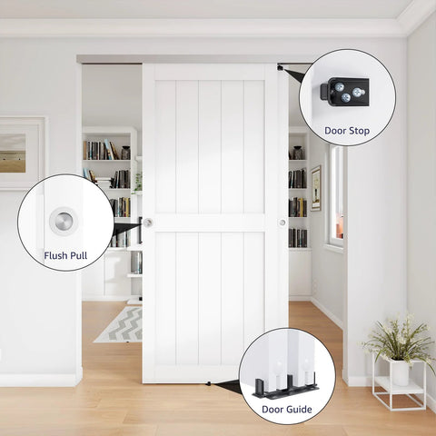 Go To 6 Ft Bypass Closet Door Track Kit With Top Mounted Hardware For Two Door System In Heavy Duty Aluminum Smooth And Quiet Operation Fits Minimum Door Panel Width Of 36.5 Inches Silver Finish installed on a white door with flush pull, door stop, and guide in a modern interior.