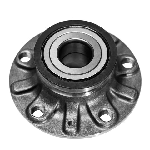Two Pack Rear Wheel Bearing And Hub Assembly For VW Beetle Golf Jetta GTI Rabbit And Audi A3 Fits Front Wheel Drive 2012 To 2021 OE 1K0598611 OEM Approved Direct Fit Premium Quality Replacement With Long Lasting Durability 30mm Bearing. Close-up view.