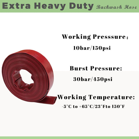 Red coiled pool backwash hose, 2 in x 50 ft, extra heavy duty discharge hose