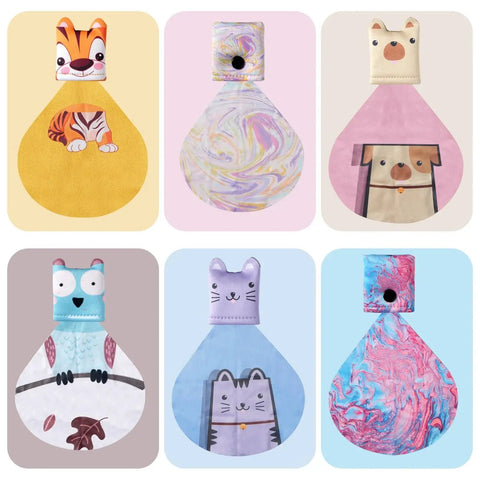 Colorful animal-themed microfiber eyeglasses cleaning cloths with neoprene pouch 6 pack, featuring various cute animal designs.