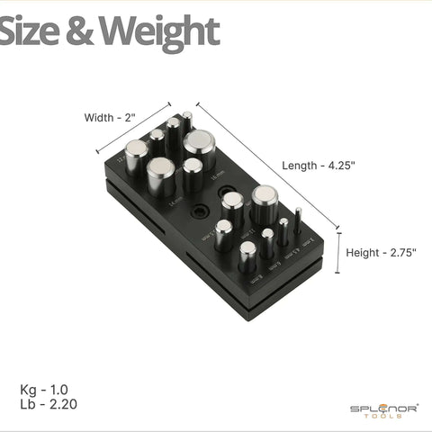 Round Punch Disc Cutter Set dimensions and weight with beefy steel die and 14 cutting diameters for jewelry making and metal working.