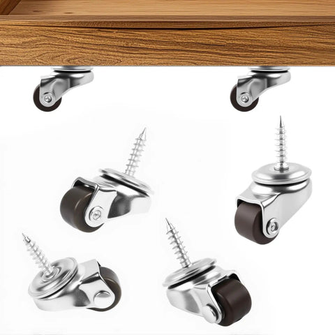 One Half Inch Small Caster Wheels Single Screw Mounting, mini low profile swivel castors shown on furniture and separately, 8 pack brown