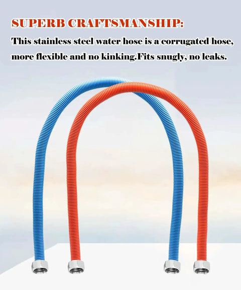36 Inch Flexible Stainless Steel Corrugated Water Heater Connector With Three Quarter FIP Ends Heavy Duty Supply Line For Hot And Cold Red Blue Color Coding Leak Proof No Kink Fits Water Softener And Residential Water Systems displayed with blue and red hoses against a light backdrop