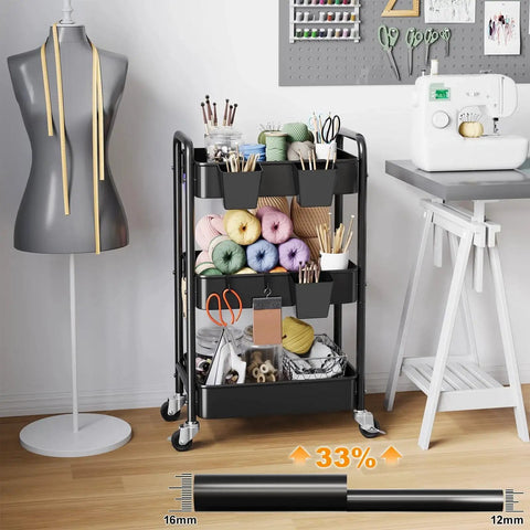 Three Tier Metal Rolling Cart On Wheels In Black, versatile storage trolley, holds yarn and craft supplies, in cozy craft room setting