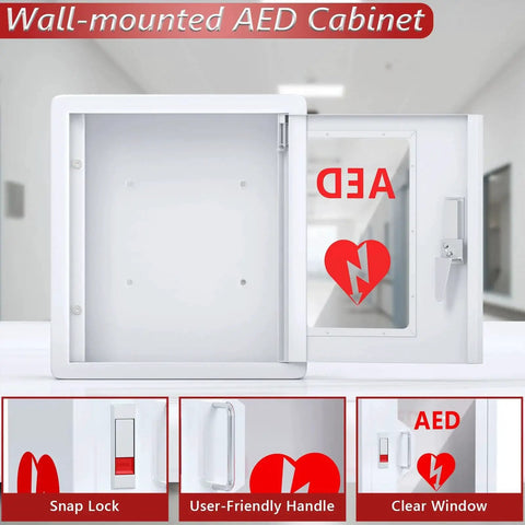 Sturdy Steel AED Cabinet Wall Mount With Clear PVC Window And Integrated Handle For Hospitals Schools And Offices Defibrillator Storage Case Durable Washable Surface Corrosion Resistant Easy Access Safe Stow NLShan front view showing snap lock and clear window for AED.