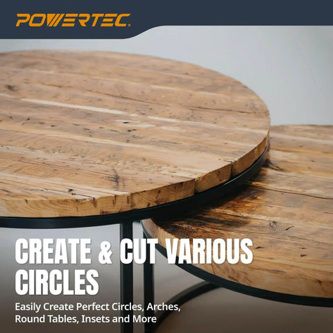 Wooden round tables created using Circle Cutter Router Jig For Perfect Circles 10 To 53 Inches With Dual Pivot Pin System Circle Guide Kit Fits Porter Cable Bosch Milwaukee Ryobi Makita Dewalt Craftsman Hitachi And More For Precise Inlays Tables And Benchtop Projects.