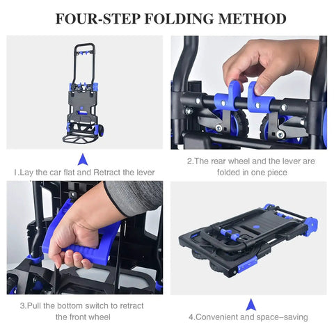 Four-step folding method for Foldable Hand Truck Heavy Duty 330Lb Capacity With Retractable Handle And Four Rugged Rubber Wheels