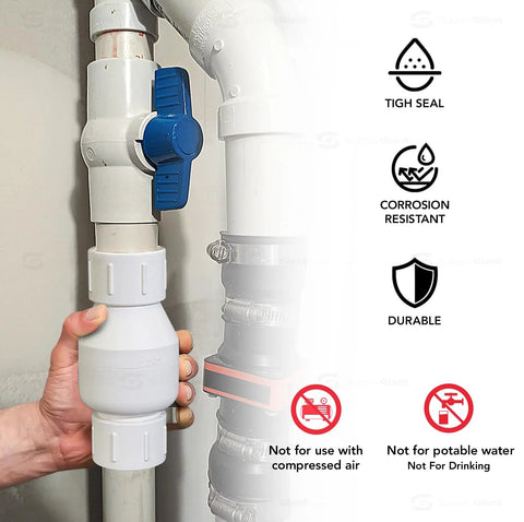 PVC inline check valve for backflow prevention, 3/4 in FIP, white plastic with blue lever.