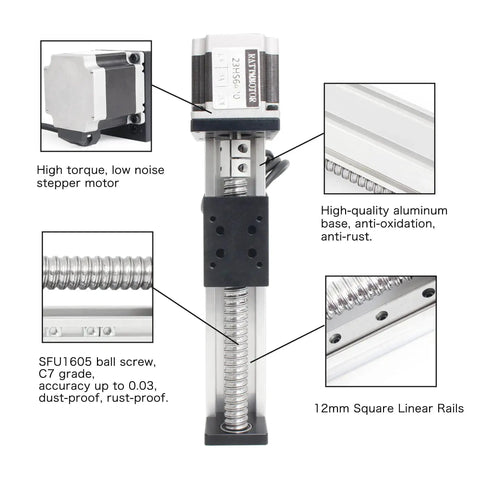 Heavy Duty 300mm Linear Stage Actuator With Square Slide Rail And 1605 Ballscrew Motorized XY XYZ CNC Linear Stage Table With Nema23 Stepper Motor, showing aluminum base and linear rails.
