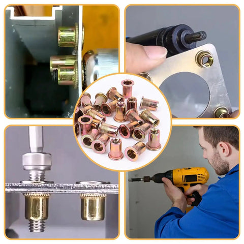 Collage of 16 Inch Rivet Nut Tool Kit With 15 Mandrels And 300 Rivet Nuts Assortment For Metric And SAE Sizes in use