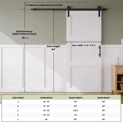 84 Inch Wide White Sliding Barn Door With Waterproof PVC Surface 3 Panel Solid MDF Construction Pre Drilled Holes Easy Assembly No Fuss Install Includes 8 Foot Hardware Track Kit And Handle with measurements chart