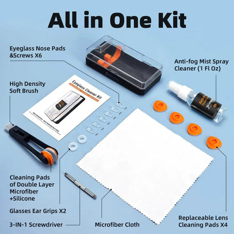 All-in-one Glasses Cleaning Kit with 24H Anti Fog Spray, microfiber cloths, brush, and wipes displayed on blue background.