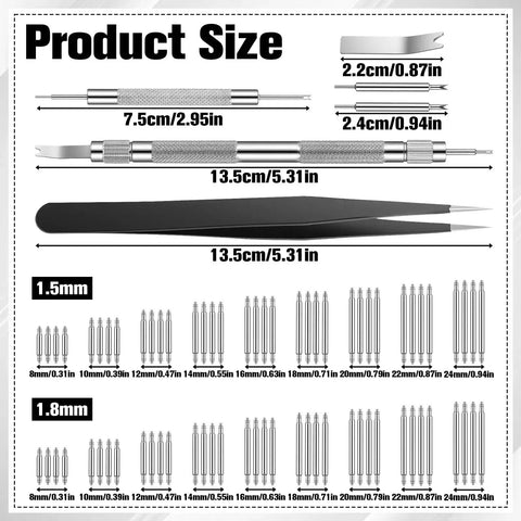 78 Pcs Watch Pins Replacement Kit Stainless Steel Spring Bars With Strap Remover Tool For Metal And Leather Watches Easy DIY Band Adjustment From 8mm To 24mm Length With 1.5mm And 1.8mm Diameters Includes 72 Pins Two Repair Kits And Tweezers product size chart showing dimensions of tools and pins.