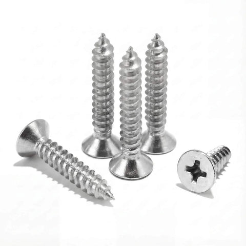 304 Stainless Steel Size Ten By Two And One Quarter Inch Flat Head Phillips Wood Screws For Drywall And Tapping, set of screws