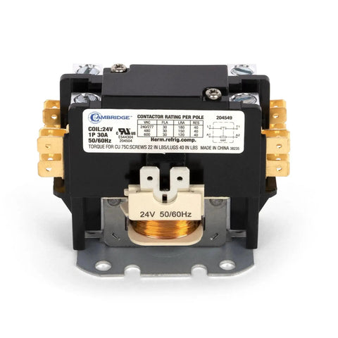 Front view of 1 Pole 30A 24V AC Coil Definite Purpose Contactor for HVAC Air Conditioner Condenser and Pump Control