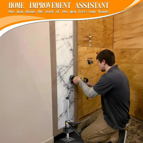 Labor Saving Arm Jack for Construction and Furniture Lifting 10 Inch Lift 300lb used to install cabinet by a worker