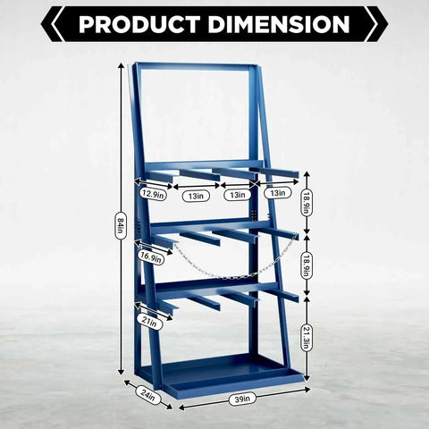Vertical Bar Rack For Workshop Or Garage, Heavy Duty Pipe And Lumber Storage System With 3000 Lb Capacity, 3 Bay, dimensions shown