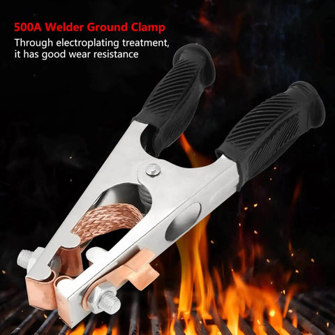 Heavy Duty 500 Amp Welding Ground Clamp With Braided Copper And Rubber Grip, shown in front view against fire background.