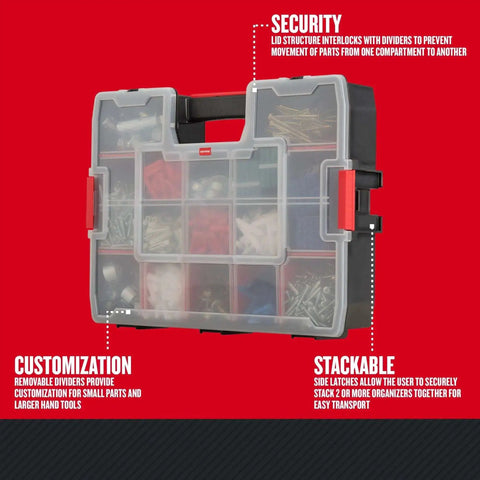 14 Compartment Storage Organizer With Removable Dividers For Customizable Small Parts And Tools Stackable With Side Latches
