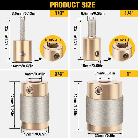 Product size chart for Diamond Grinder Bit Head Tools For Stained Glass Set With Brass Core Pro Grade Four Piece Diamond Bit Set In Sizes One Inch One And Three Fourths Inch One Quarter Inch And One Eighth Inch With Allen Wrenches Ecarke