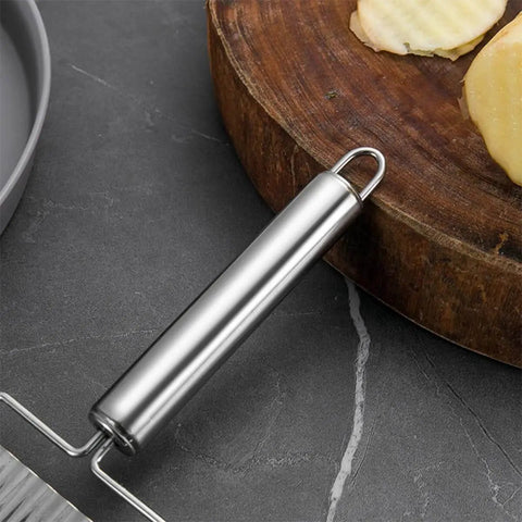 Close-up of handle of Two Pack Stainless Steel Ripple Potato Slicer And Crinkle Cutter For French Fries And Veggie Cutting Kitchen Gadget