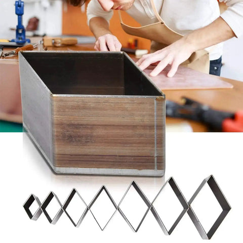 Seven Piece Leather Hole Punch Set With Diamond Shape Dies From 20mm To 50mm for DIY crafting, displayed on workbench.